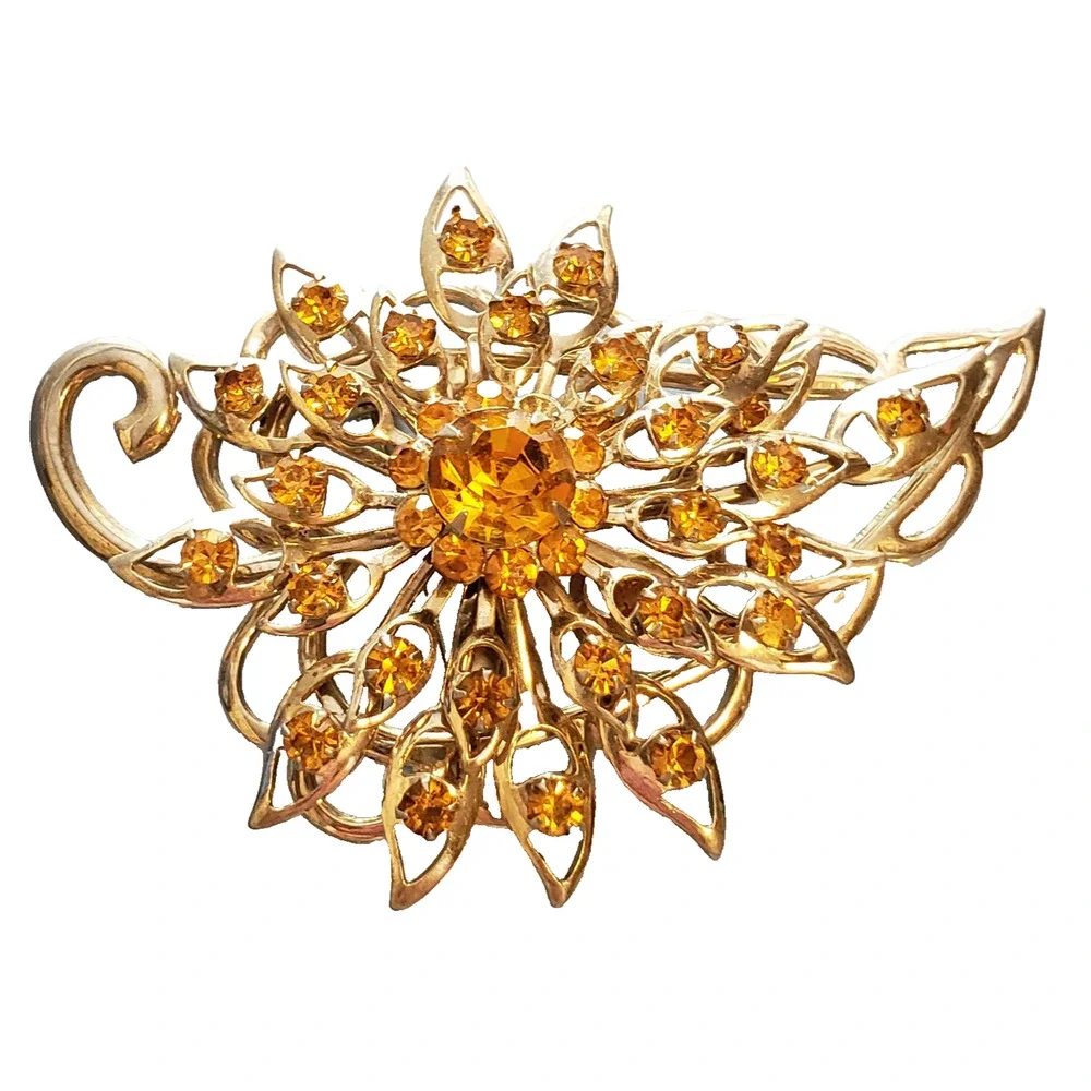Vintage‎ Rhinestone Brooch Pin Orange- Large 2.5